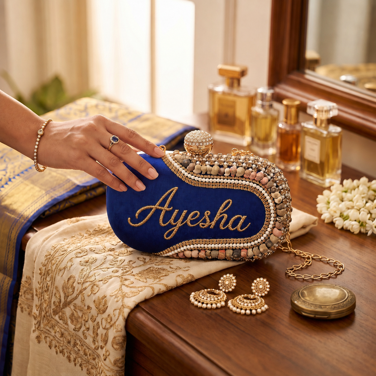 Blue BU clutch personalised with Ayesha in gold embroidery