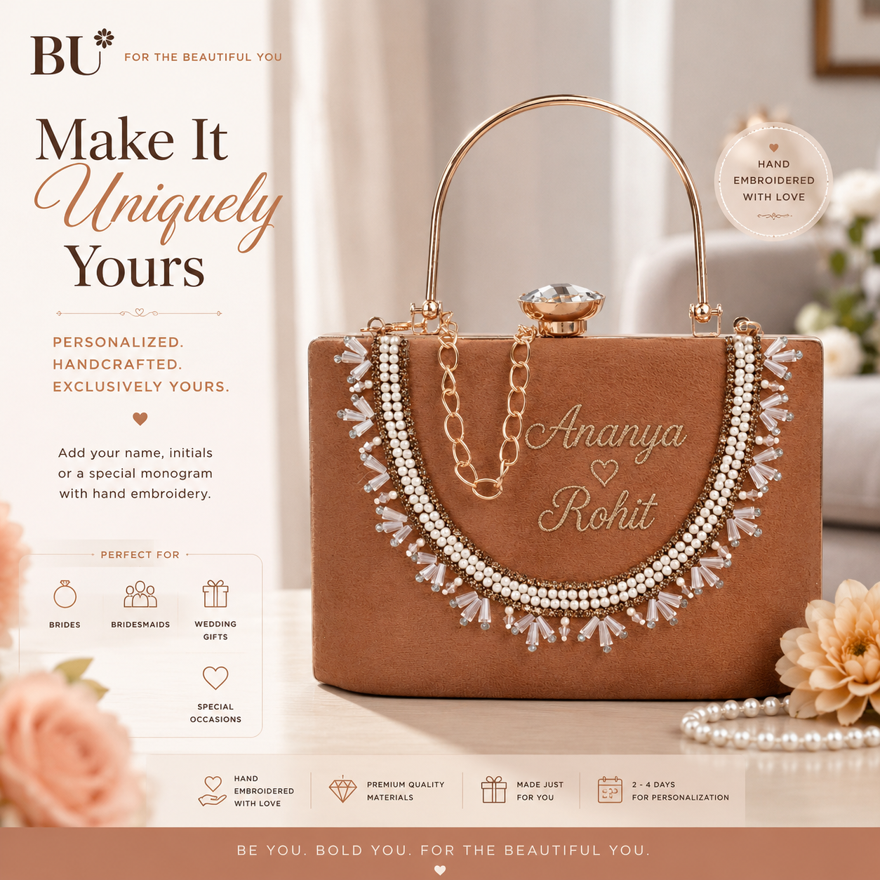Blue BU clutch personalised with Ayesha in gold embroidery